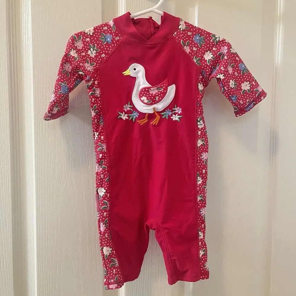 JoJo Maman Bebe Pink Floral Ditsy Duck Rashguard Swimsuit Girls Size 6-12 Months